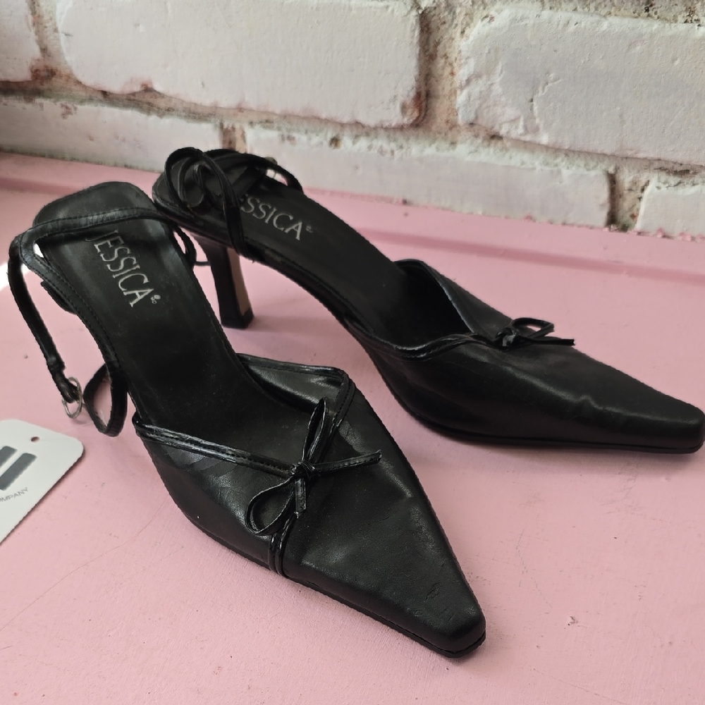 Jessica Black Pointed-Toe Slingback Heels with Bow Accent